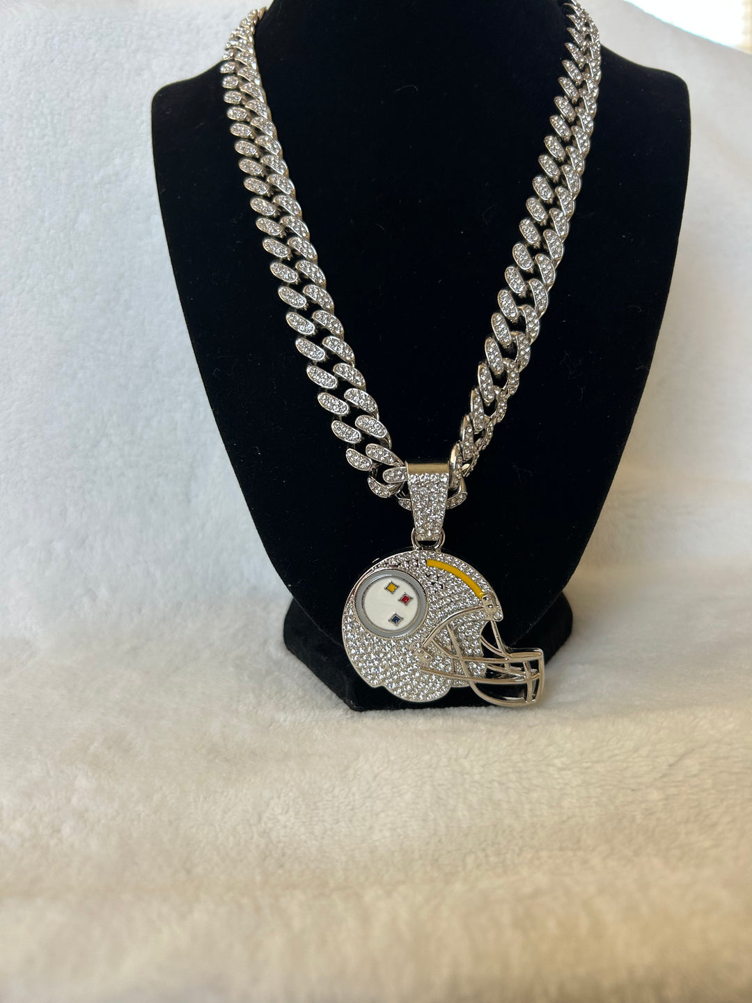 Pittsburgh Steelers Men’s Large Silver Iced Cuban Chain Helmet 24” - EB Sports Championship Rings
