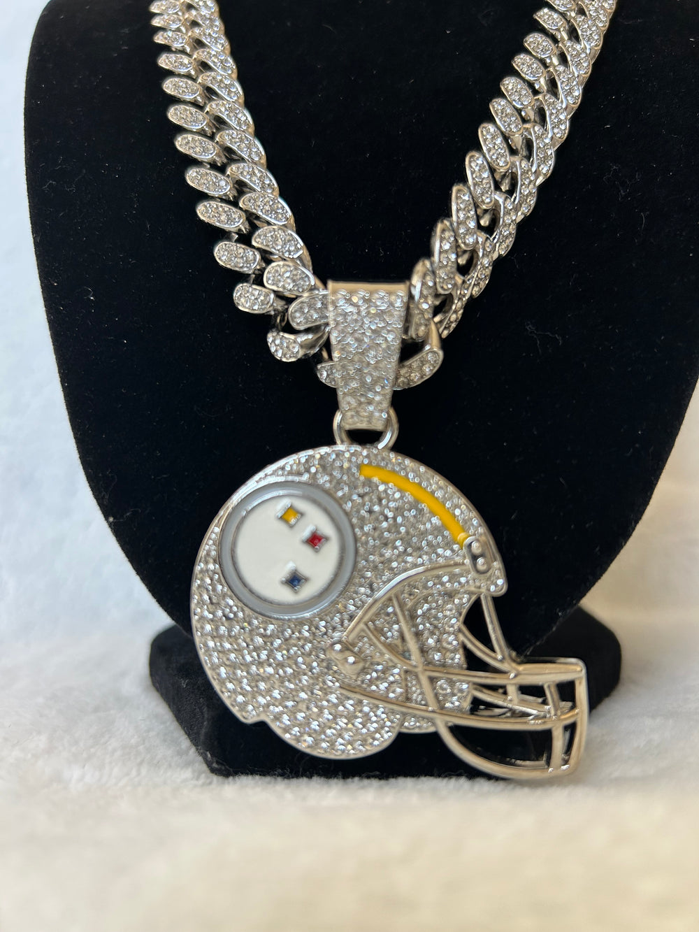 Pittsburgh Steelers Men’s Large Silver Iced Cuban Chain Helmet 24” - EB Sports Championship Rings