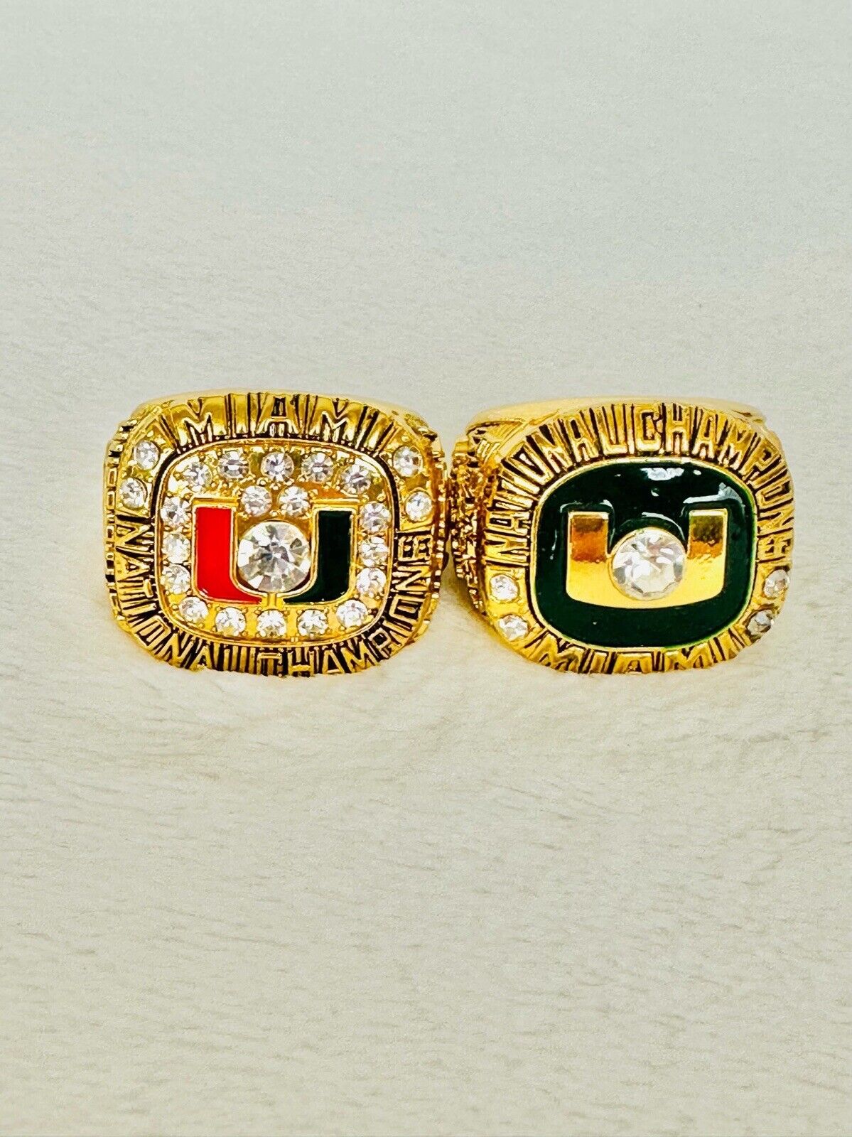 2 PCS Miami Hurricanes NCAA 18k GP Championship Ring, US SHIP 1991/2001 - EB Sports Champion's Cache