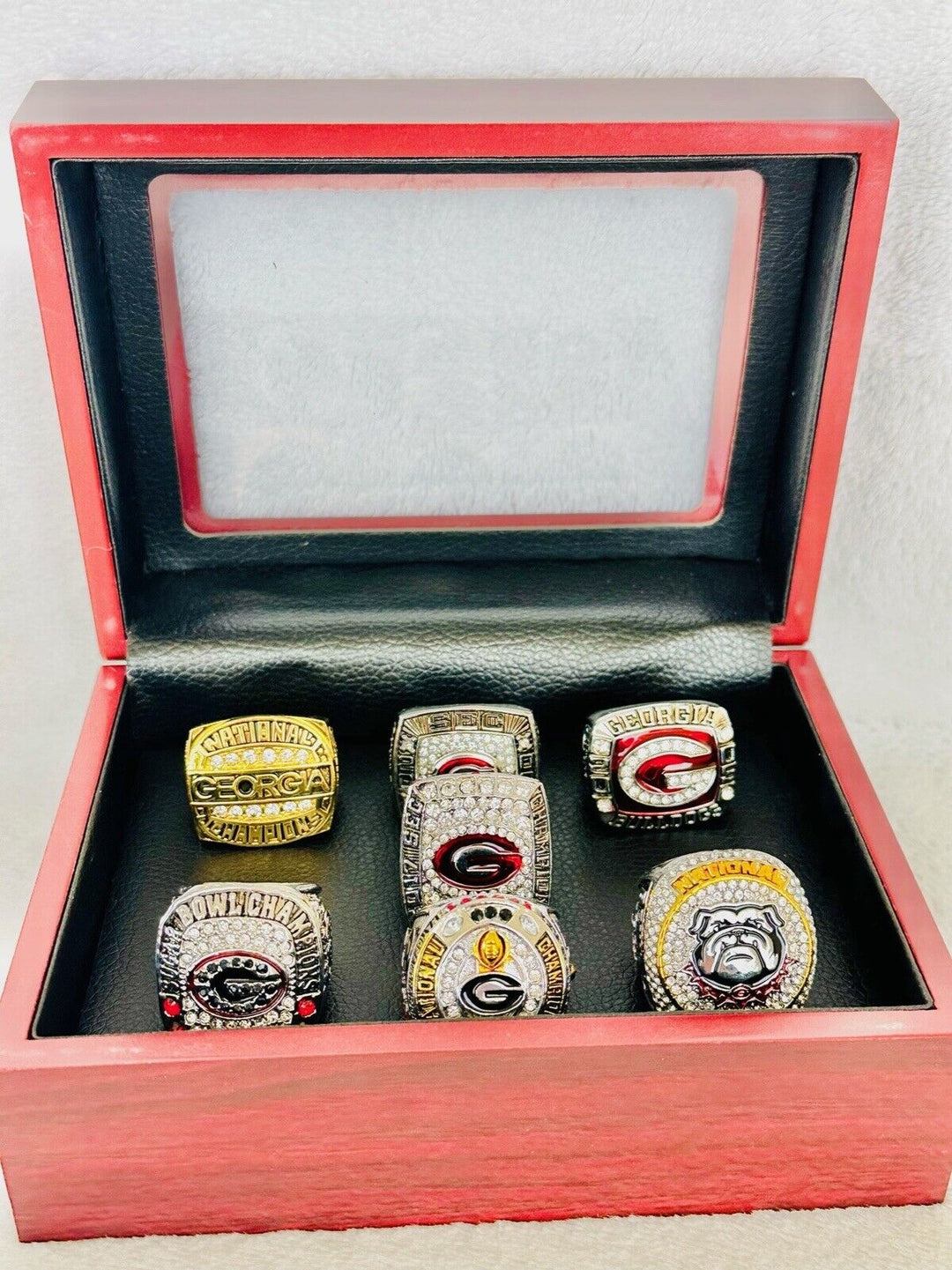 7 PCS Georgia Bulldogs Championship Ring Set W Box, US SHIP 1980-2023 - EB Sports Champion's Cache