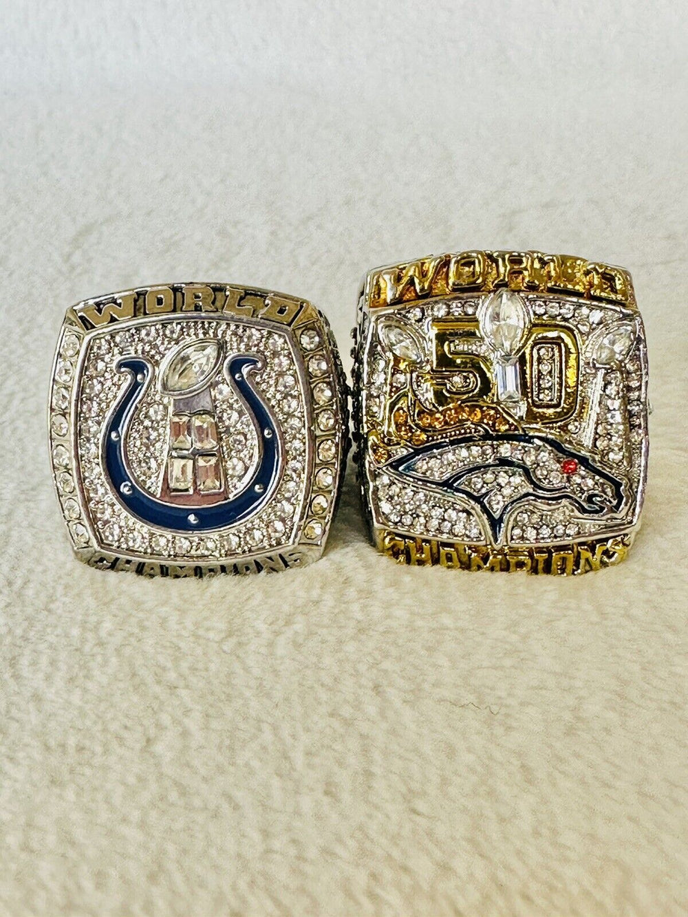 2 PCS Peyton Manning Super Bowl Championship Ring Set W Box, US SHIP - EB Sports Champion's Cache