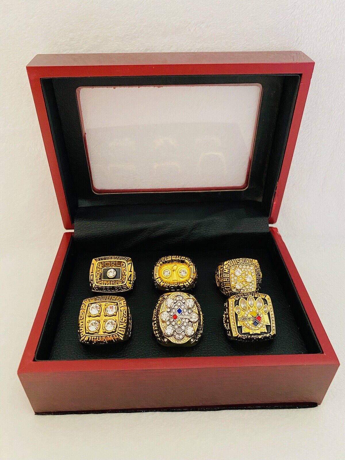 6 PCS Pittsburgh Steelers Ring SB Championship Complete SET W Box, USA SHIP - EB Sports Champion's Cache