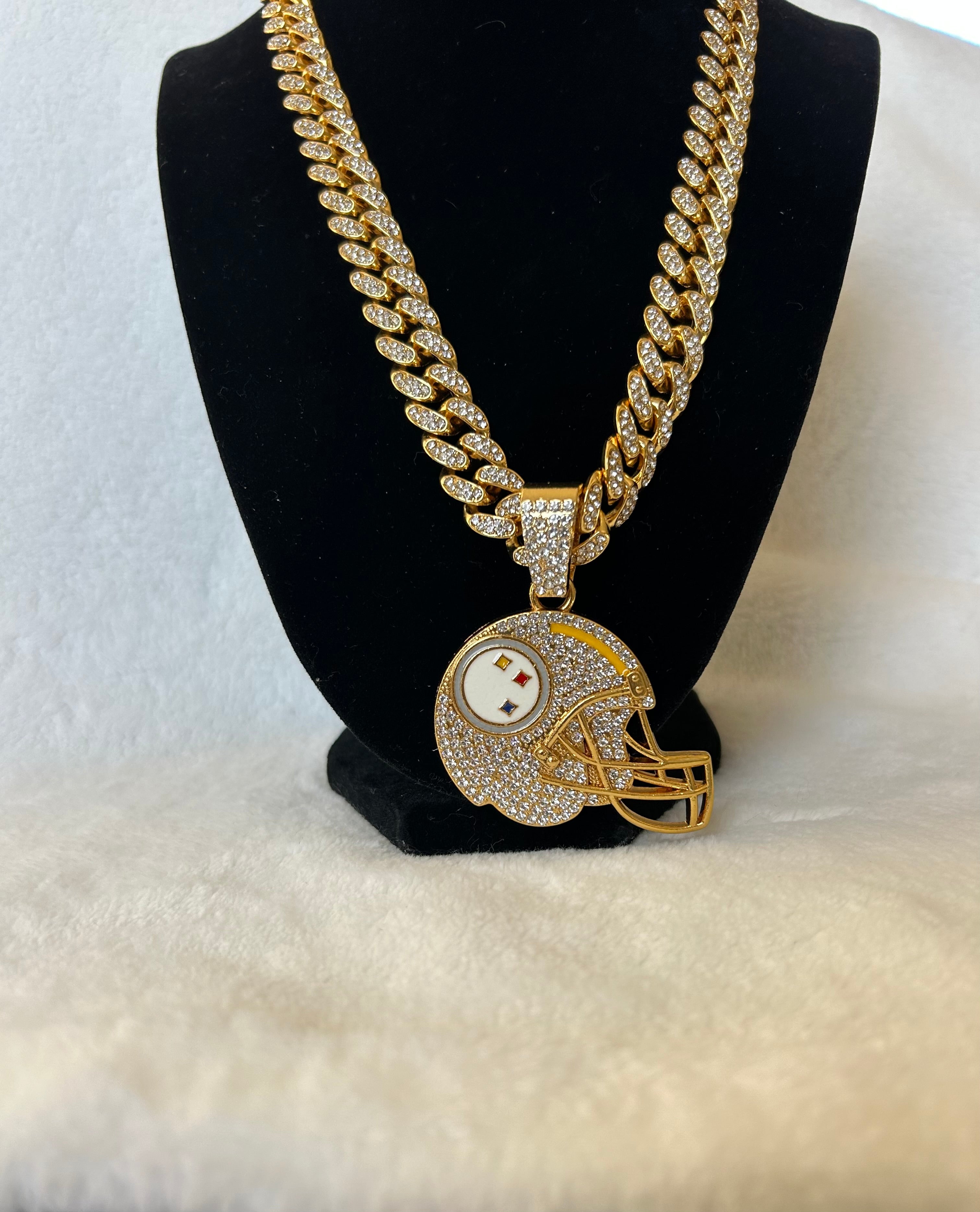 Pittsburgh Steelers Men’s Large Gold Iced Cuban Chain Helmet 24” - EB Sports Championship Rings