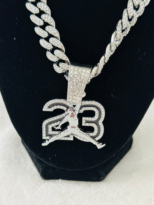 #23 Jordan Bulls silver Iced Cuban Chain 24”, US SHIP - EB Sports Championship Rings