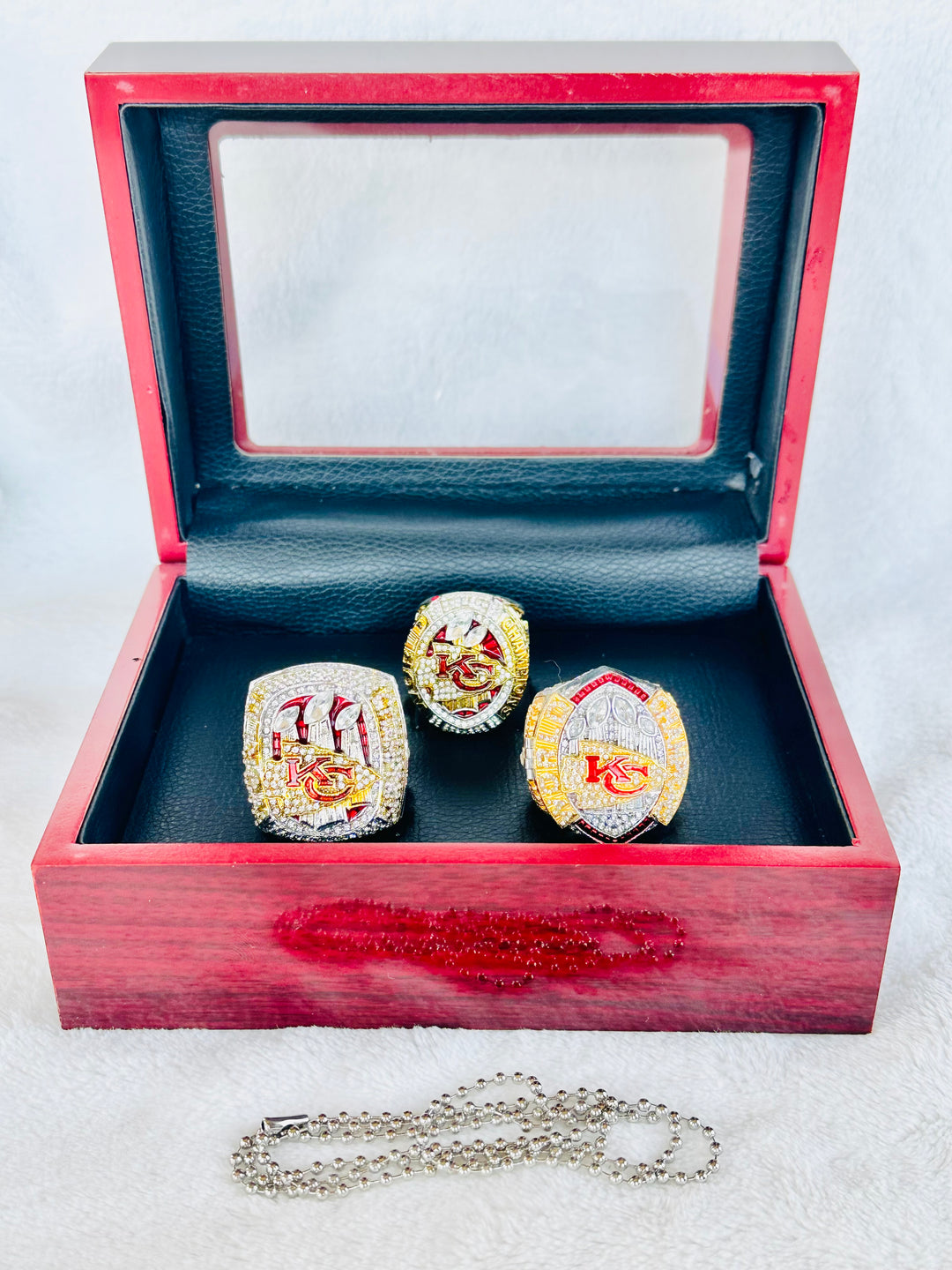 3 PCS Kansas City Chiefs Super Bowl Ring Set W Box, Mahomes, US SHIP 2019, 2023, 2024 New - EB Sports Championship Rings