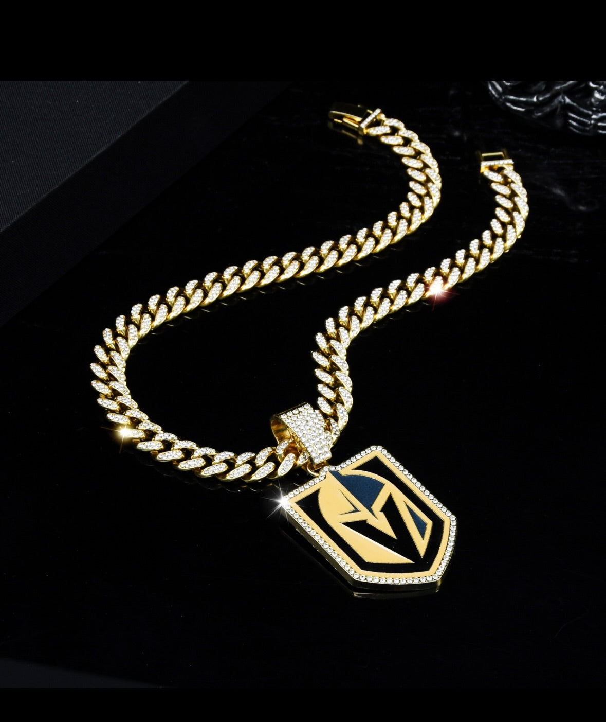 Gold Plated Vegas Golden Knights Large Iced Cuban Chain 20” - EB Sports Championship Rings