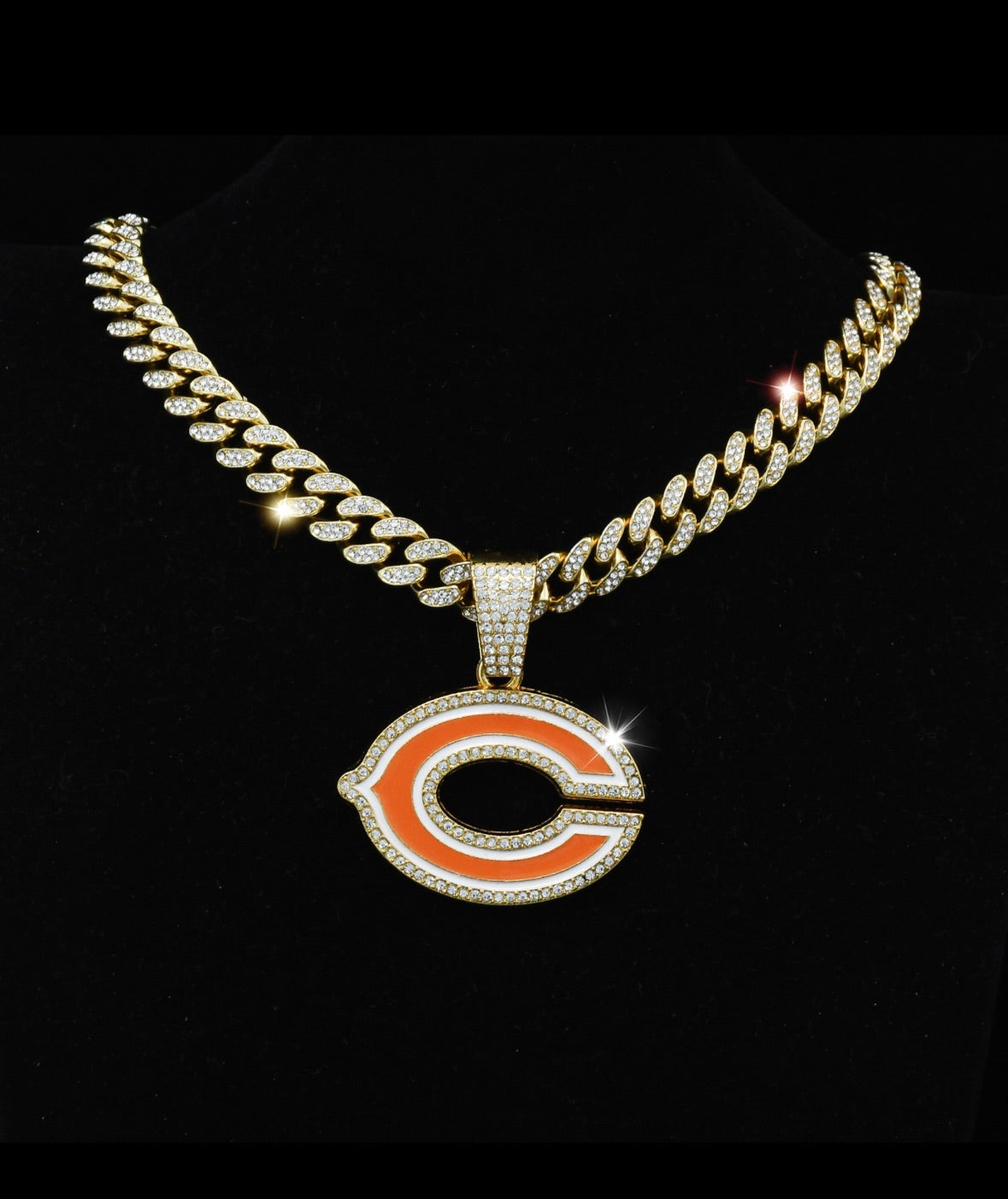 Gold Plated Chicago Bears Large Iced Cuban Chain 20”, ICED - EB Sports Championship Rings