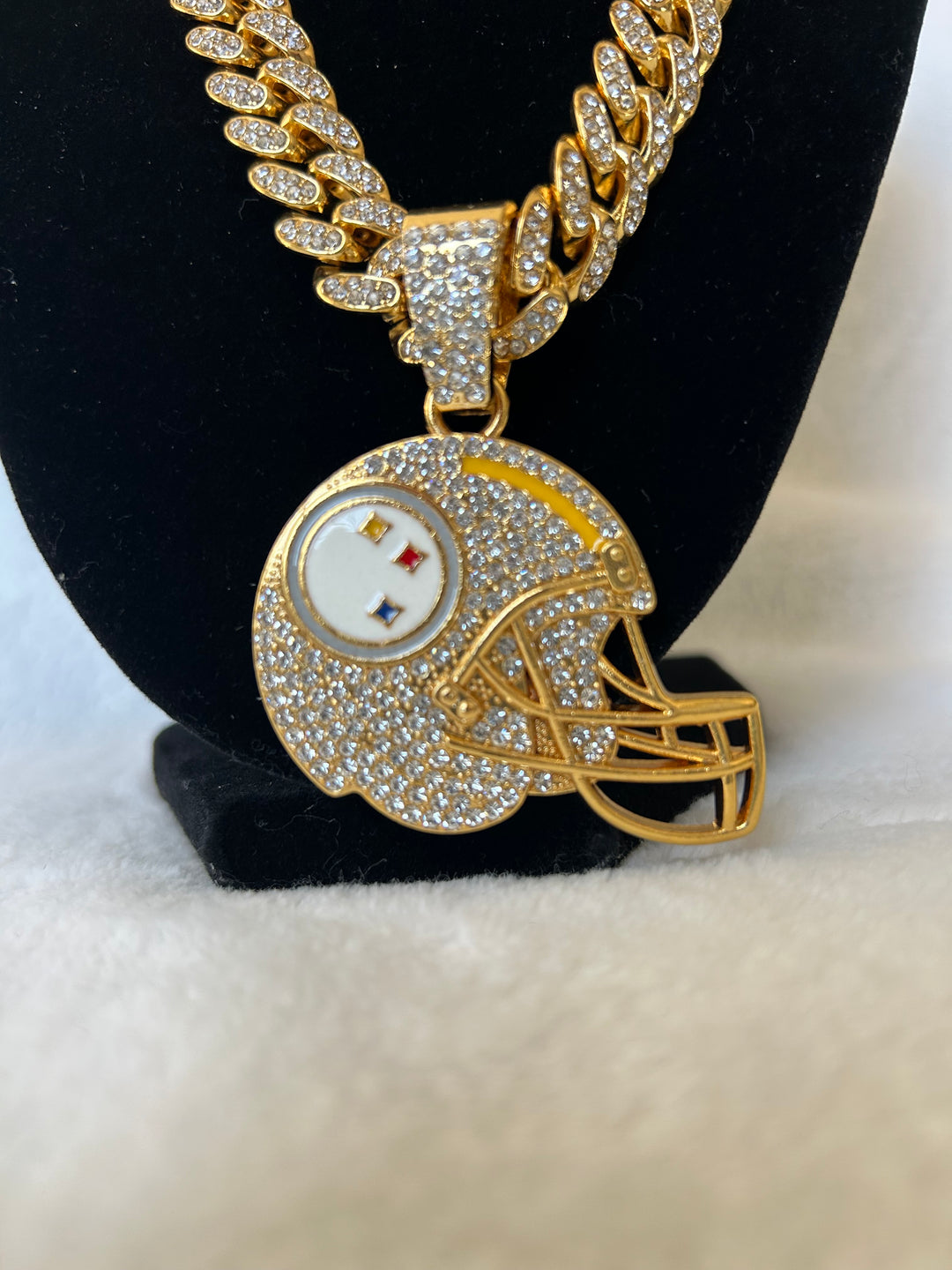 Pittsburgh Steelers Men’s Large Gold Iced Cuban Chain Helmet 24” - EB Sports Championship Rings