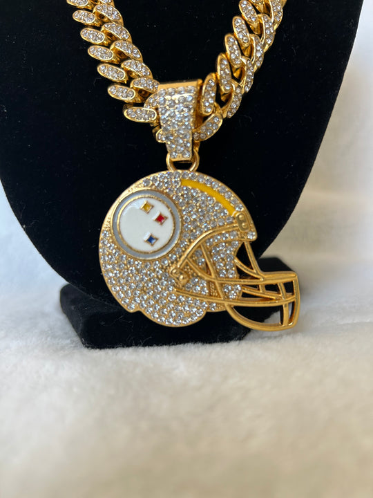 Pittsburgh Steelers Men’s Large Gold Iced Cuban Chain Helmet 24” - EB Sports Championship Rings