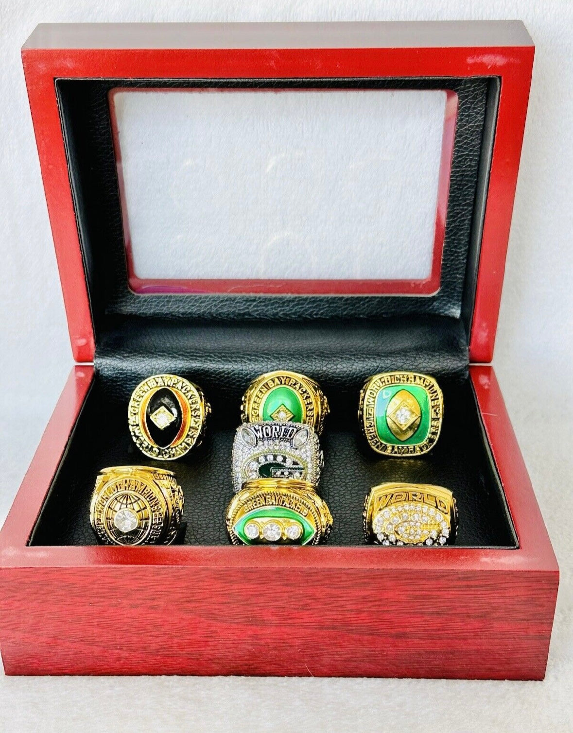 7 PCS Green Bay Packers Super Bowl Ring COMPLETE SET W Box, US SHIP - EB Sports Championship Rings