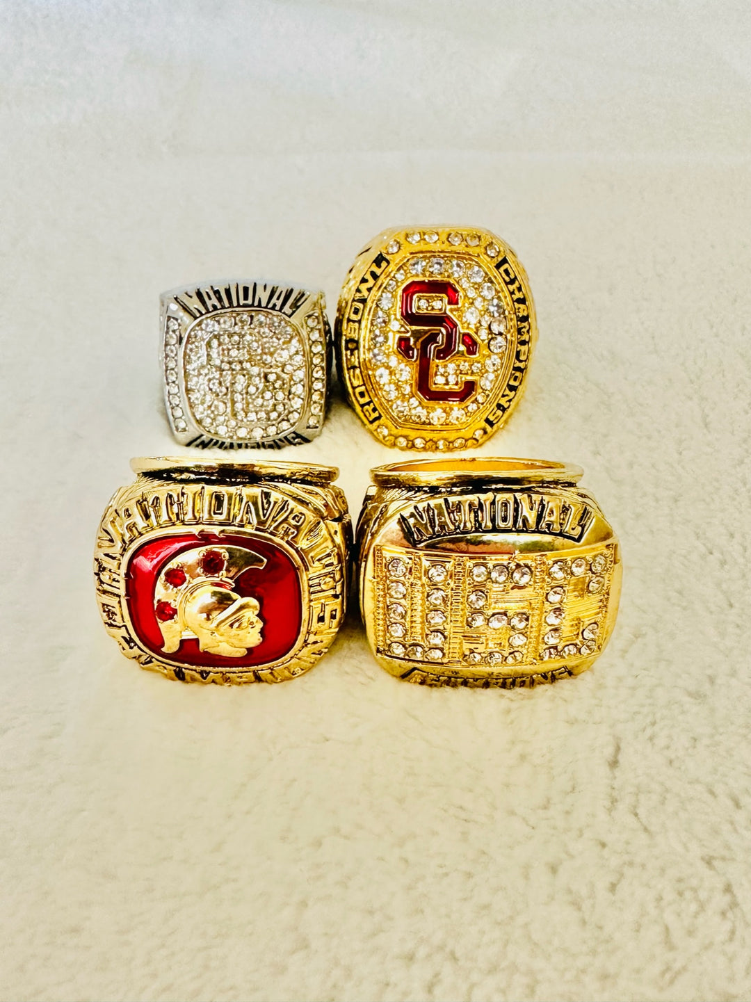 4 PCS USC Trojans 18k GP Brass Championship Ring Set, 1974-2016 - EBSports Championship Rings