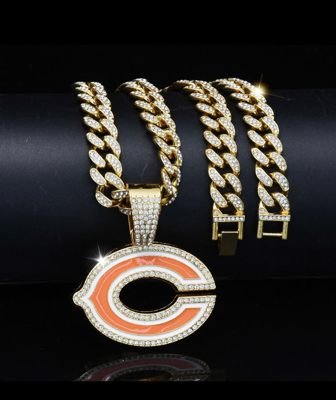 Gold Plated Chicago Bears Large Iced Cuban Chain 20”, ICED - EB Sports Championship Rings