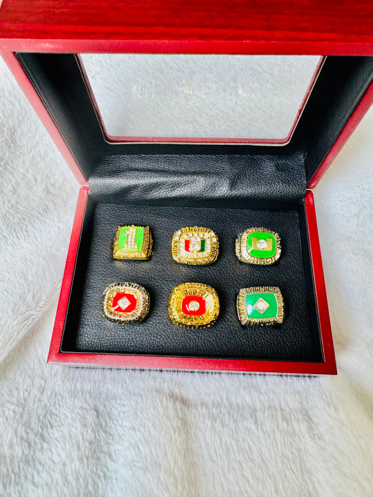 6 PCS Miami Hurricanes NCAA 18k GP Championship Ring W Box, US SHIP 1983-2001