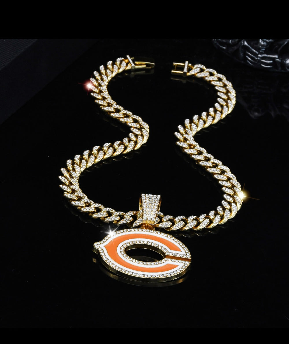 Gold Plated Chicago Bears Large Iced Cuban Chain 20”, ICED - EB Sports Championship Rings