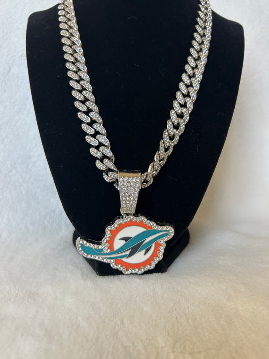Miami Dolphins Men’s Large Silver Iced Cuban Chain 24” - EB Sports Championship Rings