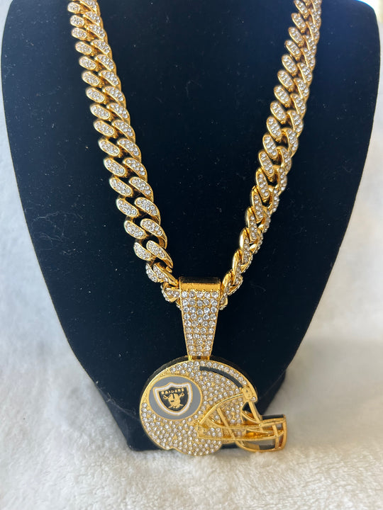 Las Vegas Raiders Men’s Large Gold Iced Cuban Chain helmet 24” - EB Sports Championship Rings