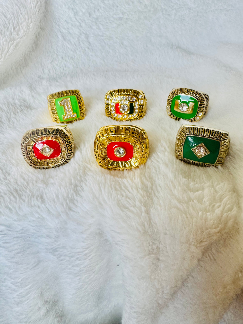 6 PCS Miami Hurricanes NCAA 18k GP Championship Ring W Box, US SHIP 1983-2001