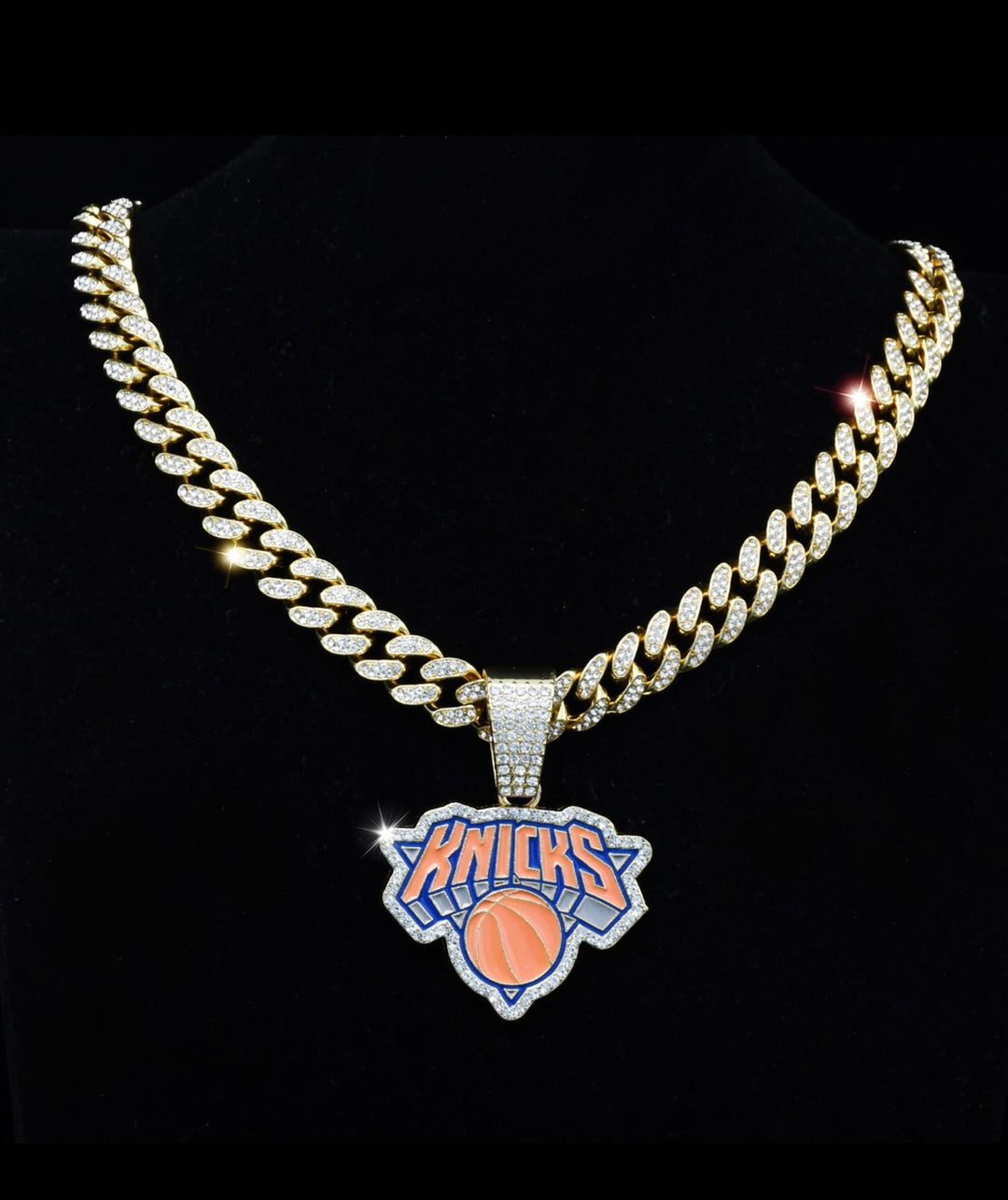 14K Gold Plated NY New York Knicks Large Charm Pendant Iced Cuban Chain 20” - EB Sports Championship Rings