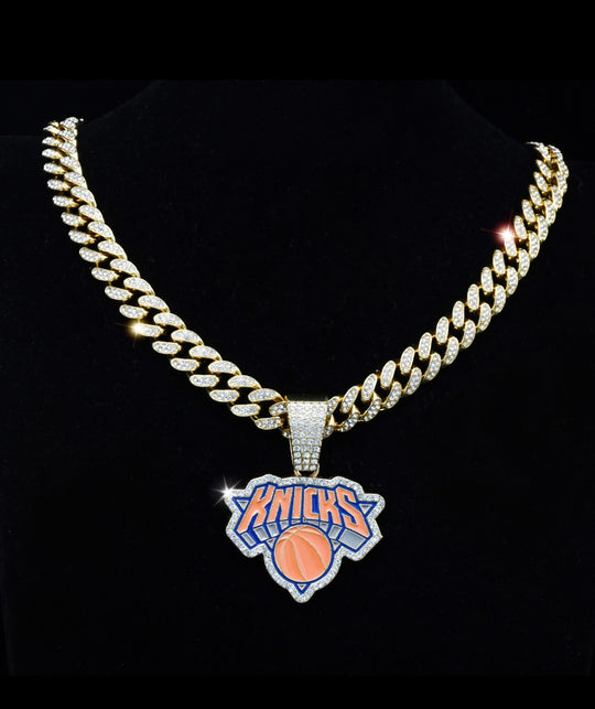 14K Gold Plated NY New York Knicks Large Charm Pendant Iced Cuban Chain 20” - EB Sports Championship Rings