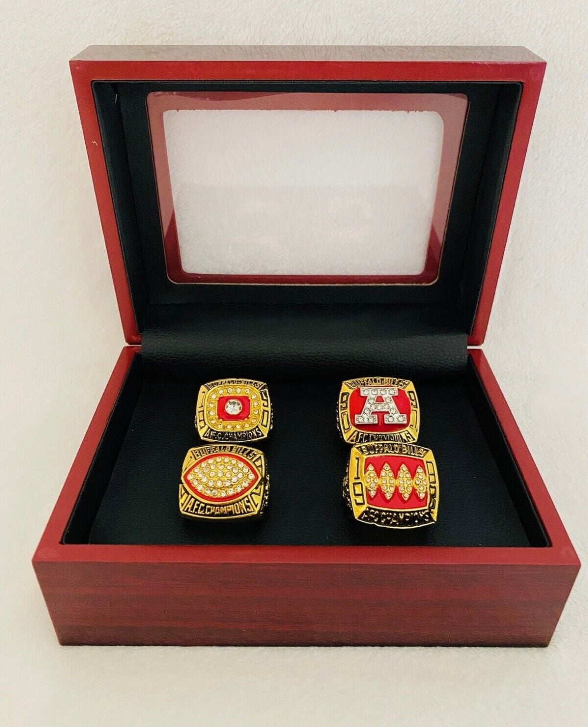 4 PCS Buffalo Bills AFC Championship Ring Set with box, US Ship 1990-93 - EB Sports Championship Rings