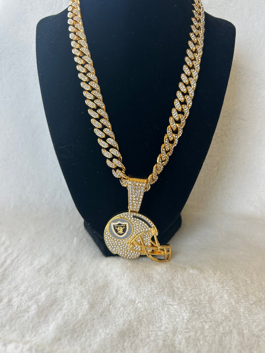 Las Vegas Raiders Men’s Large Gold Iced Cuban Chain helmet 24” - EB Sports Championship Rings