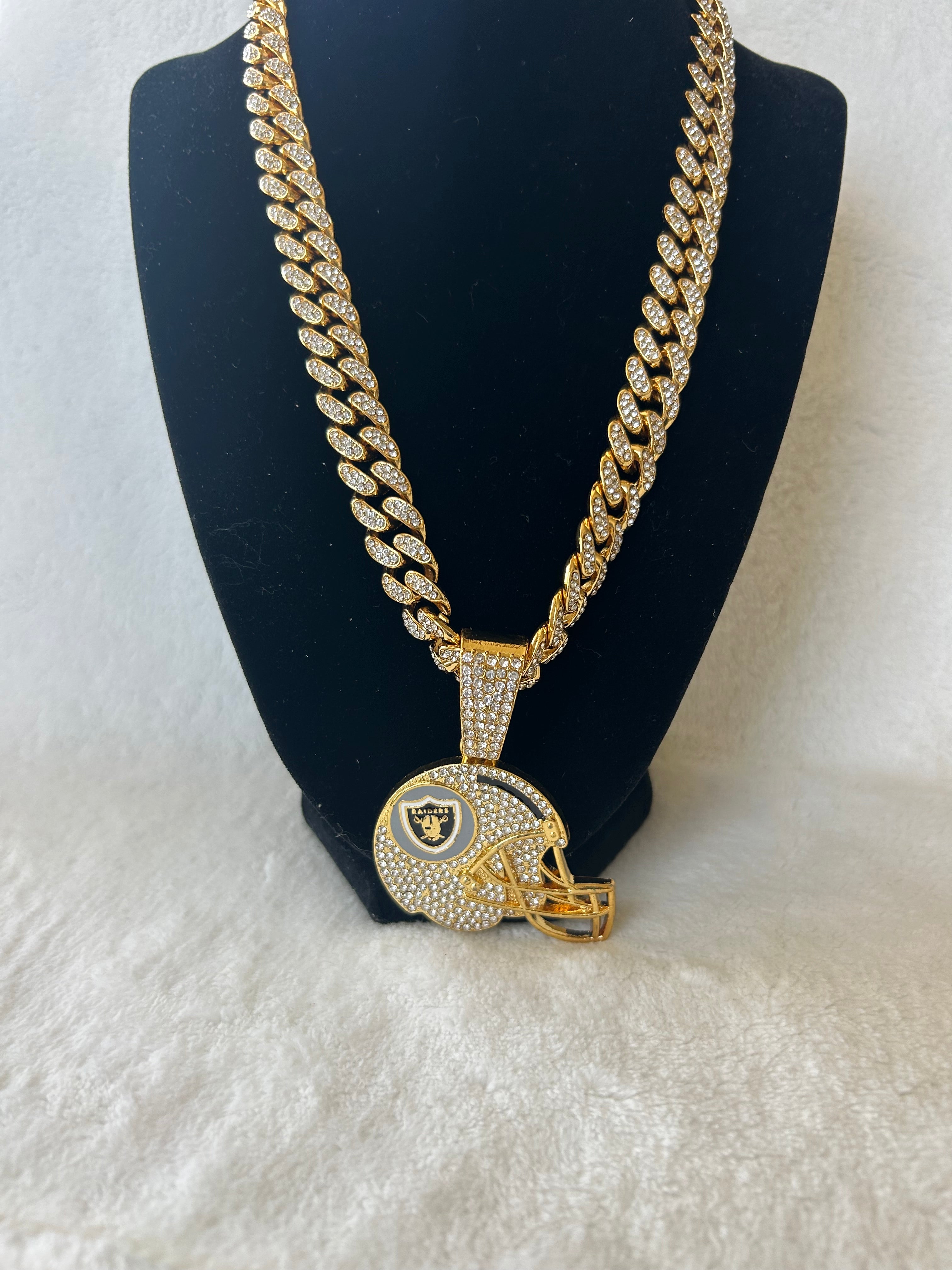 Las Vegas Raiders Men’s Large Gold Iced Cuban Chain helmet 24” - EB Sports Championship Rings