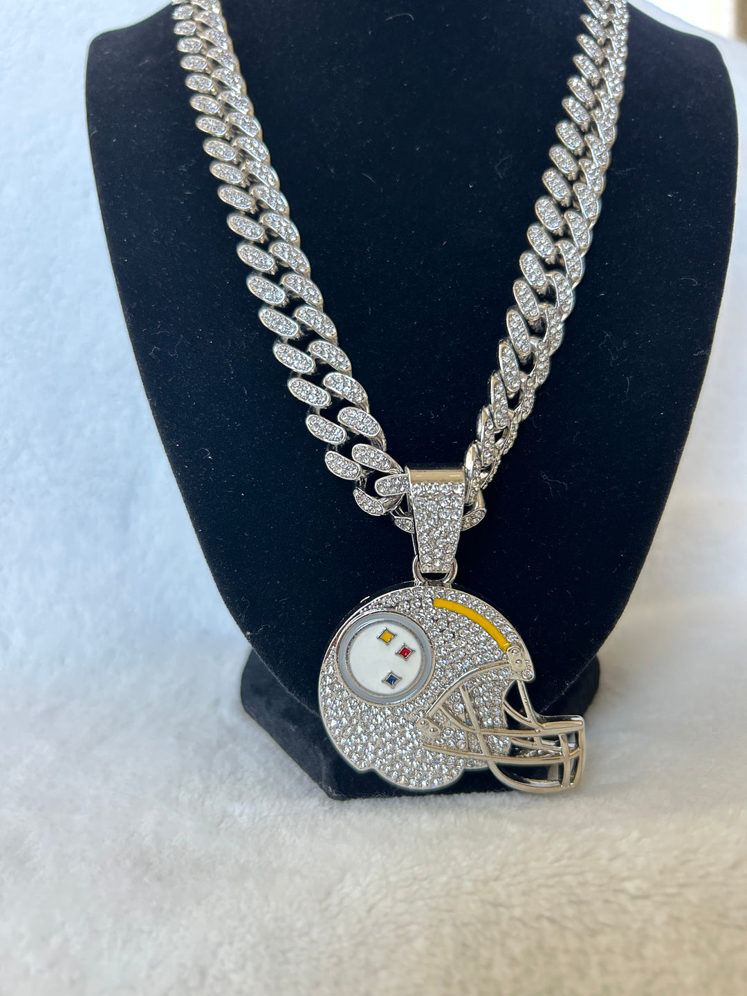 Pittsburgh Steelers Men’s Large Silver Iced Cuban Chain Helmet 24” - EB Sports Championship Rings