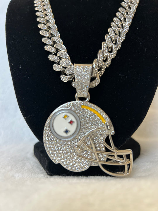 Pittsburgh Steelers Men’s Large Silver Iced Cuban Chain Helmet 24” - EB Sports Championship Rings