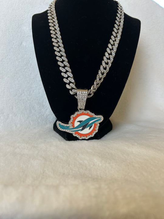 Miami Dolphins Men’s Large Silver Iced Cuban Chain 24” - EB Sports Championship Rings