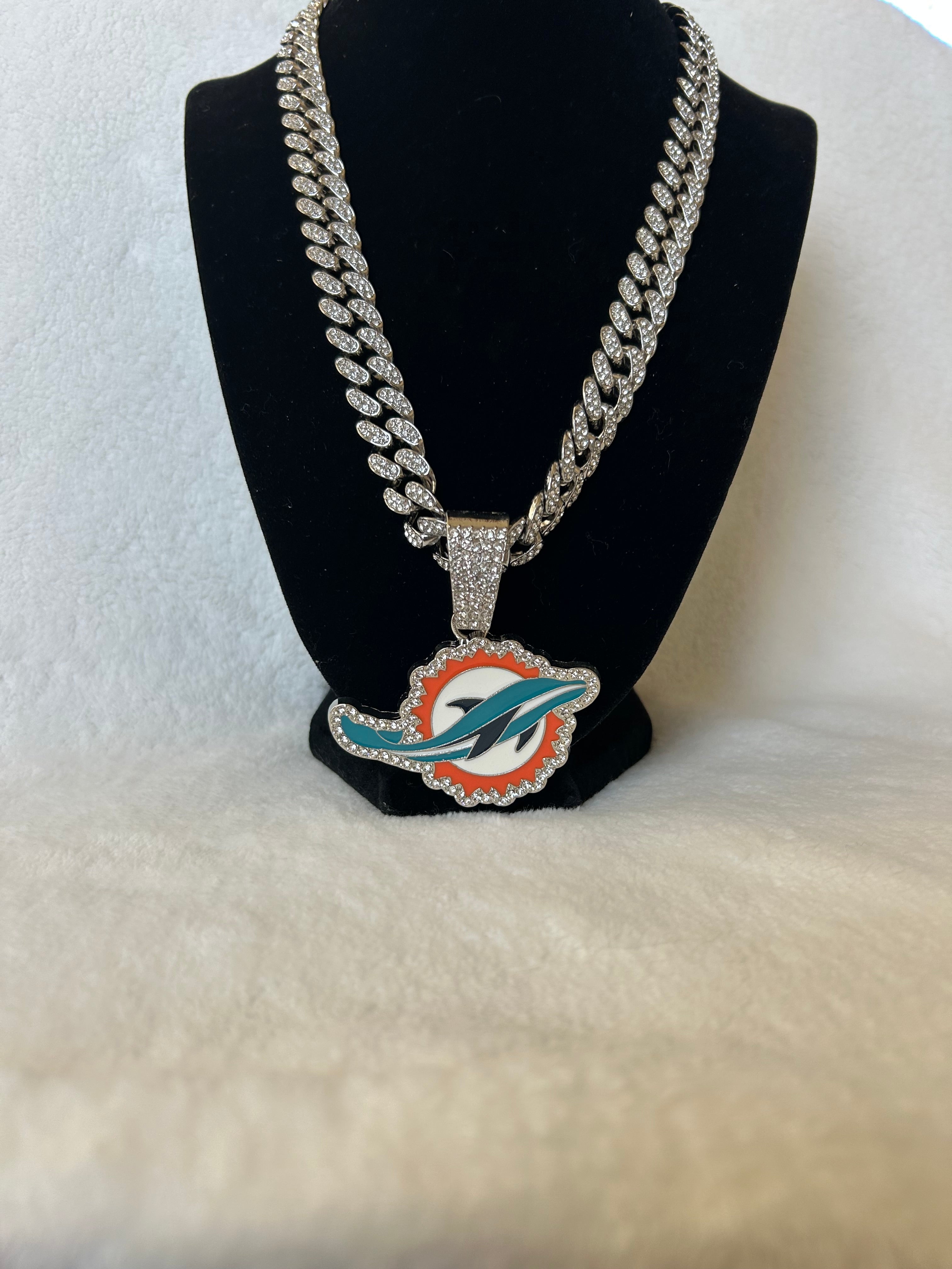 Miami Dolphins Men’s Large Silver Iced Cuban Chain 24” - EB Sports Championship Rings