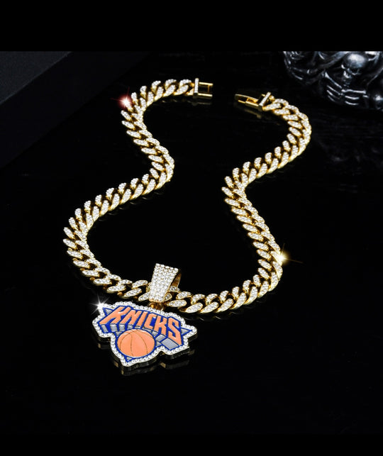 14K Gold Plated NY New York Knicks Large Charm Pendant Iced Cuban Chain 20” - EB Sports Championship Rings