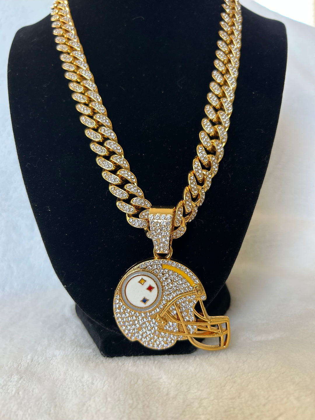 Pittsburgh Steelers Men’s Large Gold Iced Cuban Chain Helmet 24” - EB Sports Championship Rings