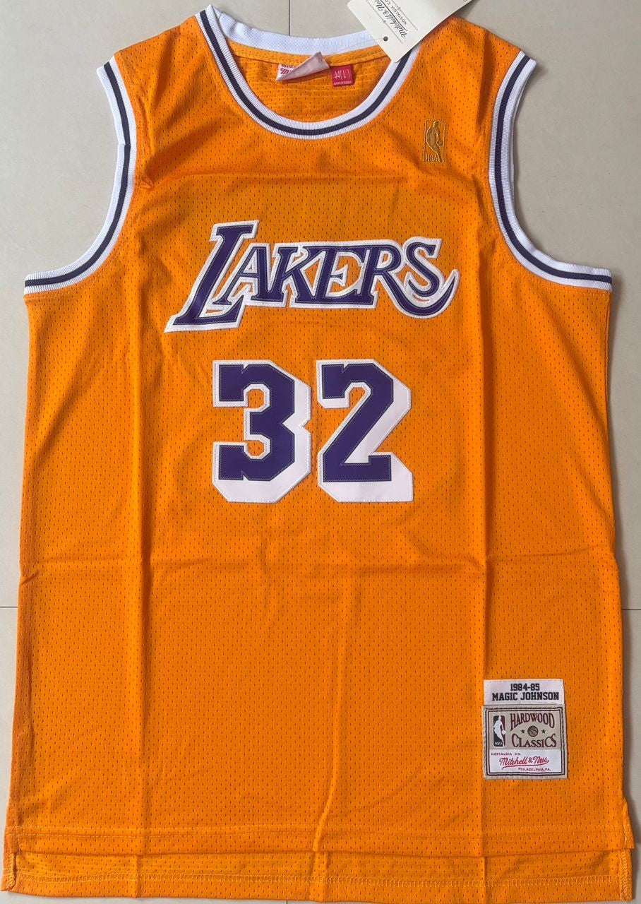 Magic Johnson #32 LA Lakers Authentic Nike Stitched Jersey - EB Sports Championship Rings