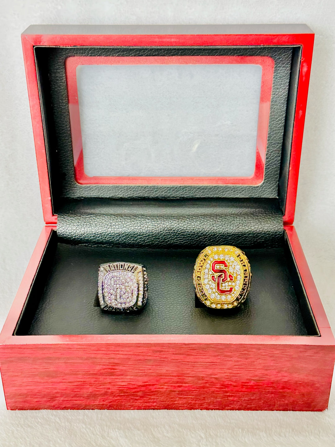 2 PCS USC Trojans 2004 and 2017 18k GP Brass Championship Ring W Box, US SHIP - EB Sports Champion's Cache