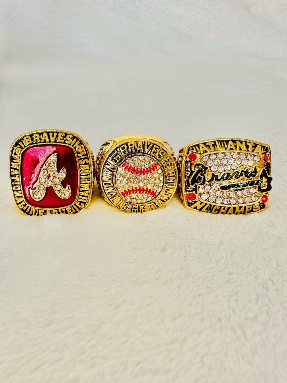 3 PCS Atlanta Braves World Series Champion Ring Set W Box, US SHIP 1991/92/96 - EB Sports Champion's Cache