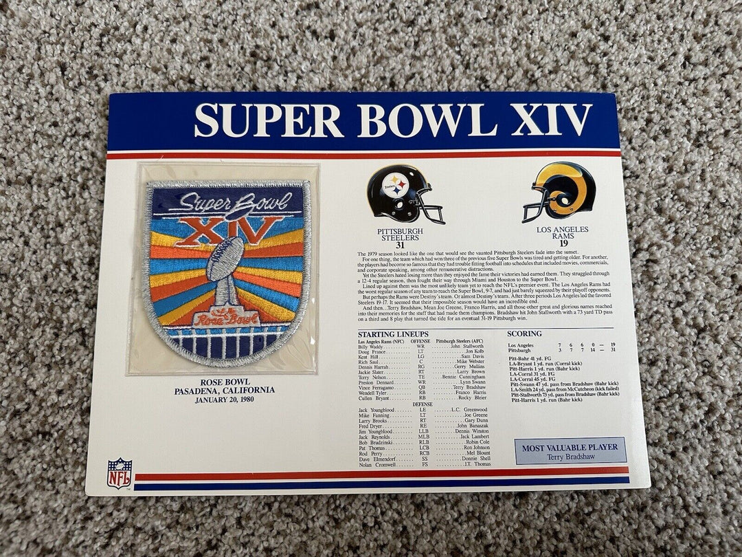 SUPER BOWL 14 Steelers / Rams 1980 Willabee Ward OFFICIAL SB XIV NFL PATCH CARD - EB Sports Champion's Cache