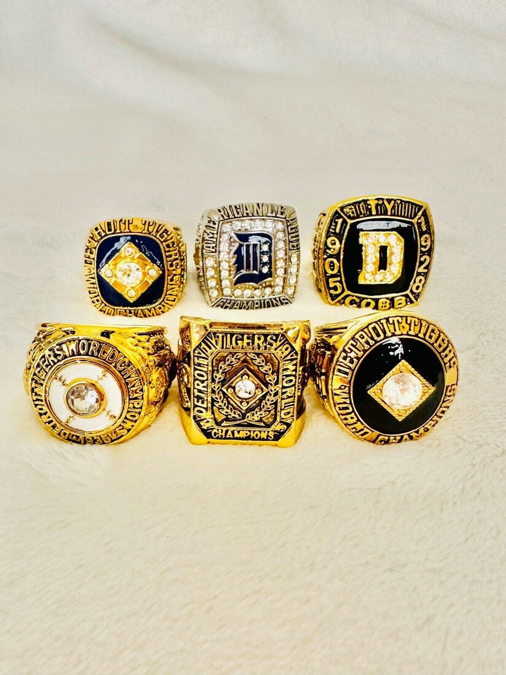 6 PCS Detroit Tigers World Series Championship Ring Set W Box, US SHIP 1935-2006 - EB Sports Champion's Cache