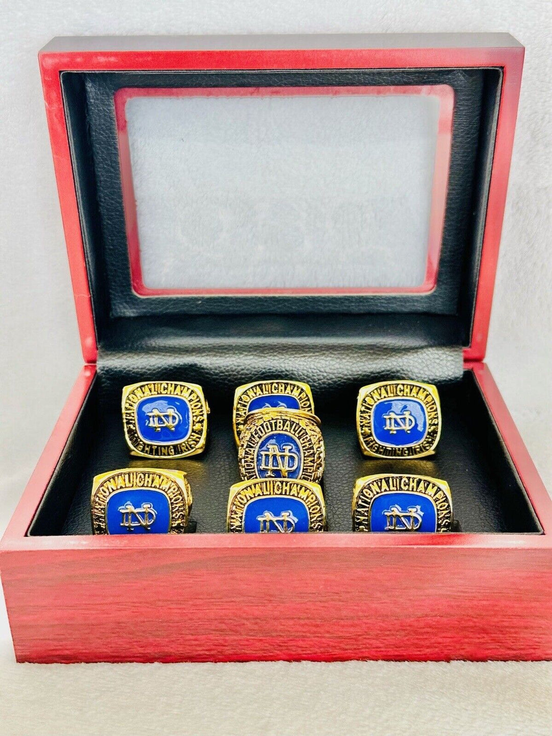 7 PCS Notre Dame Championship Display fan Ring W Box Set, US SHIP 1924-49 - EB Sports Champion's Cache