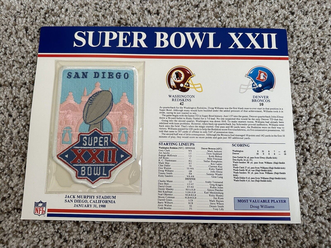 SUPER BOWL 22 ~ REDSKINS BRONCOS Willabee & Ward OFFICIAL NFL SB XXII PATCH CARD - EB Sports Champion's Cache