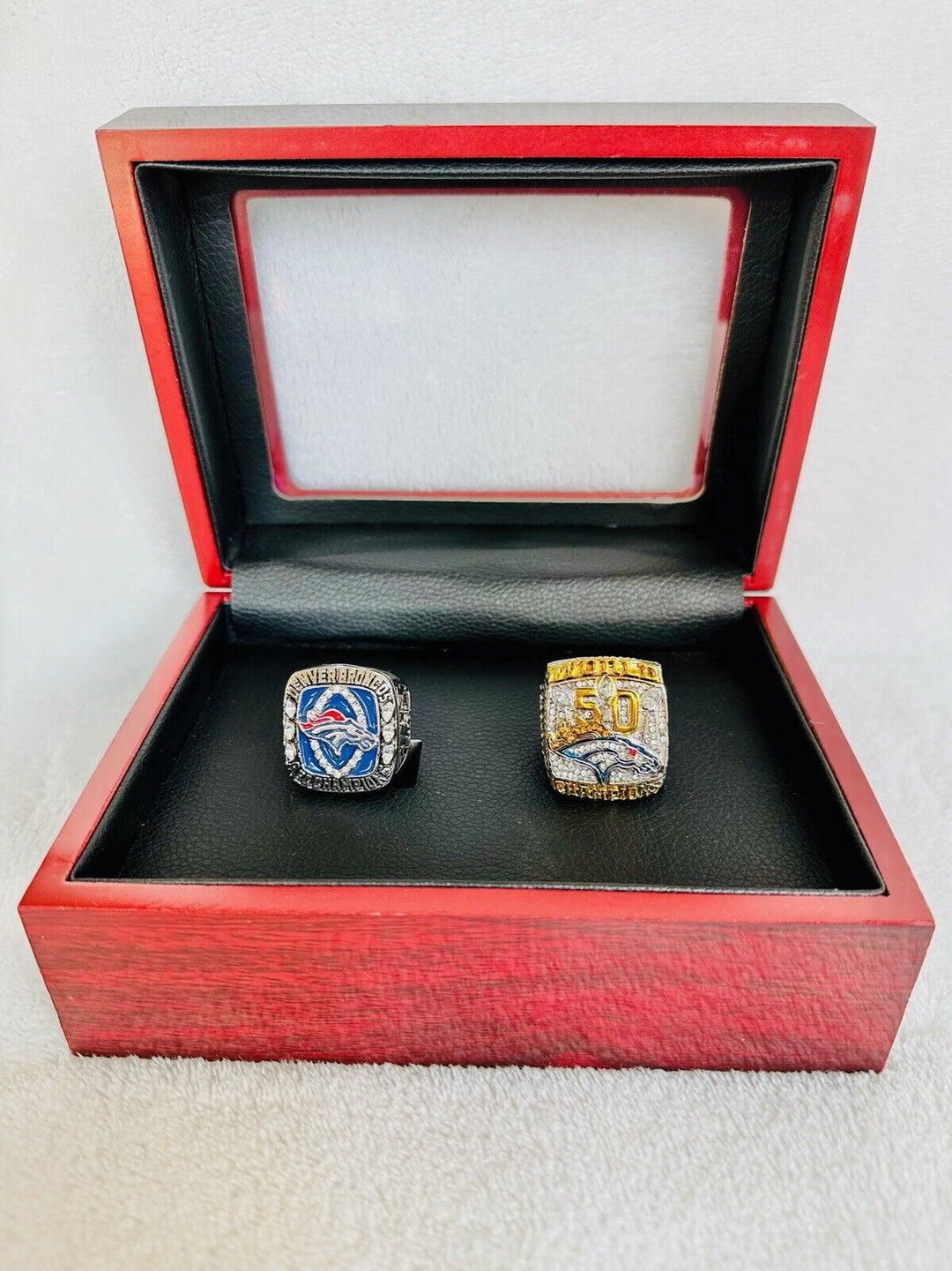 2PCS Denver Broncos Championship Ring Set W Case, US SHIP Peyton Collection - EB Sports Champion's Cache