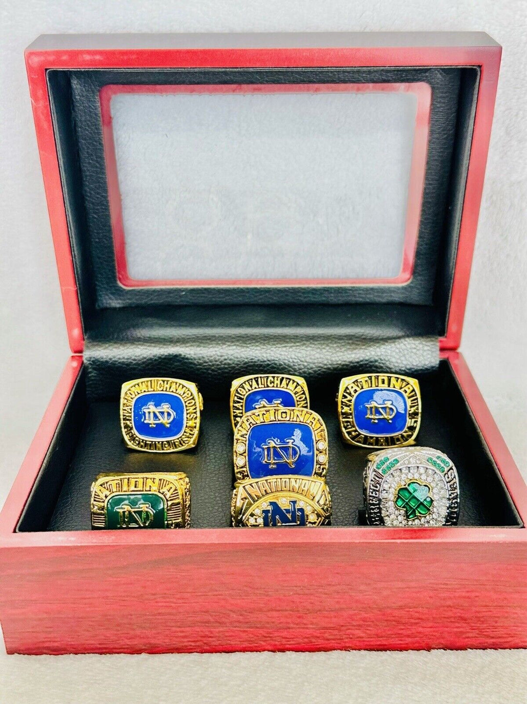 7 PCS Notre Dame Championship Display fan Ring W Box Set, US SHIP 1947-2018 - EB Sports Champion's Cache