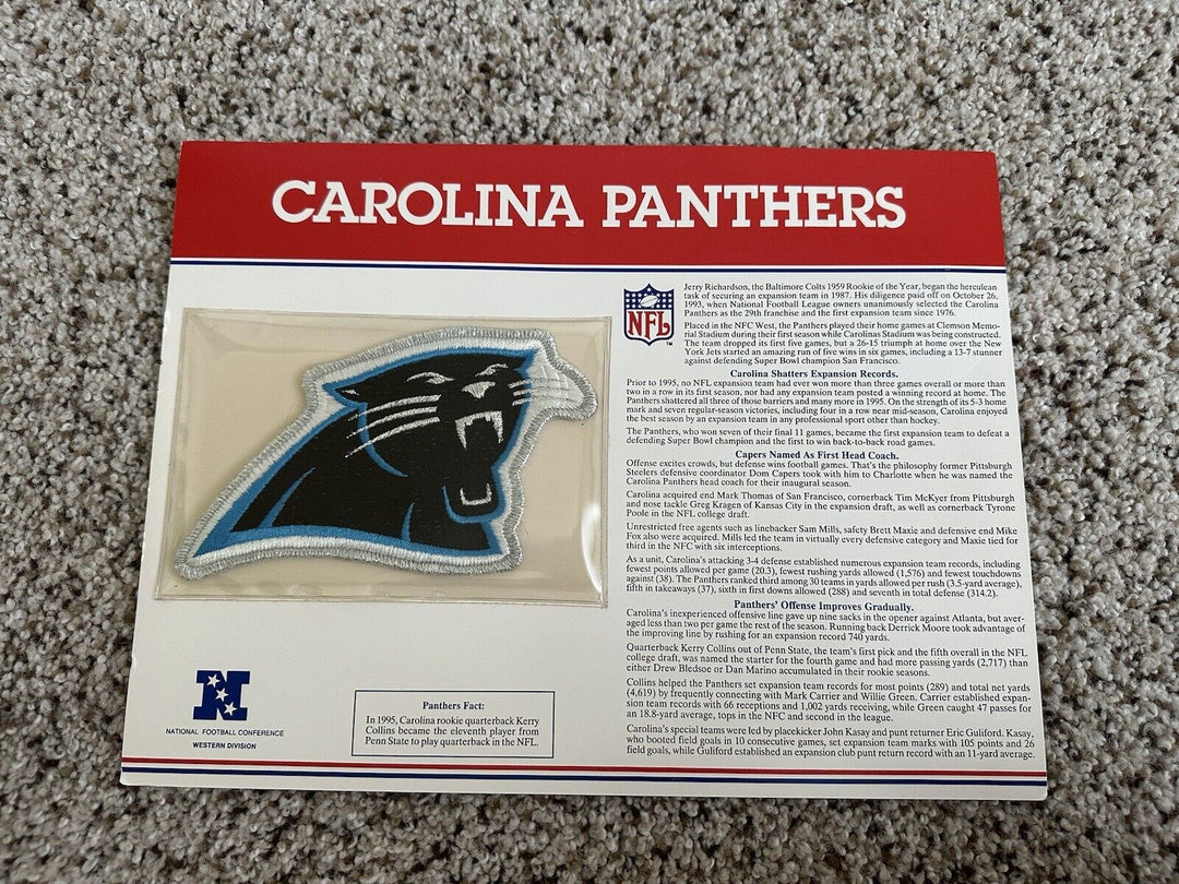 CAROLINA  PANTHERS - Willabee & Ward NFL TEAM EMBLEM PATCH  + INFO STAT CARD - EB Sports Champion's Cache