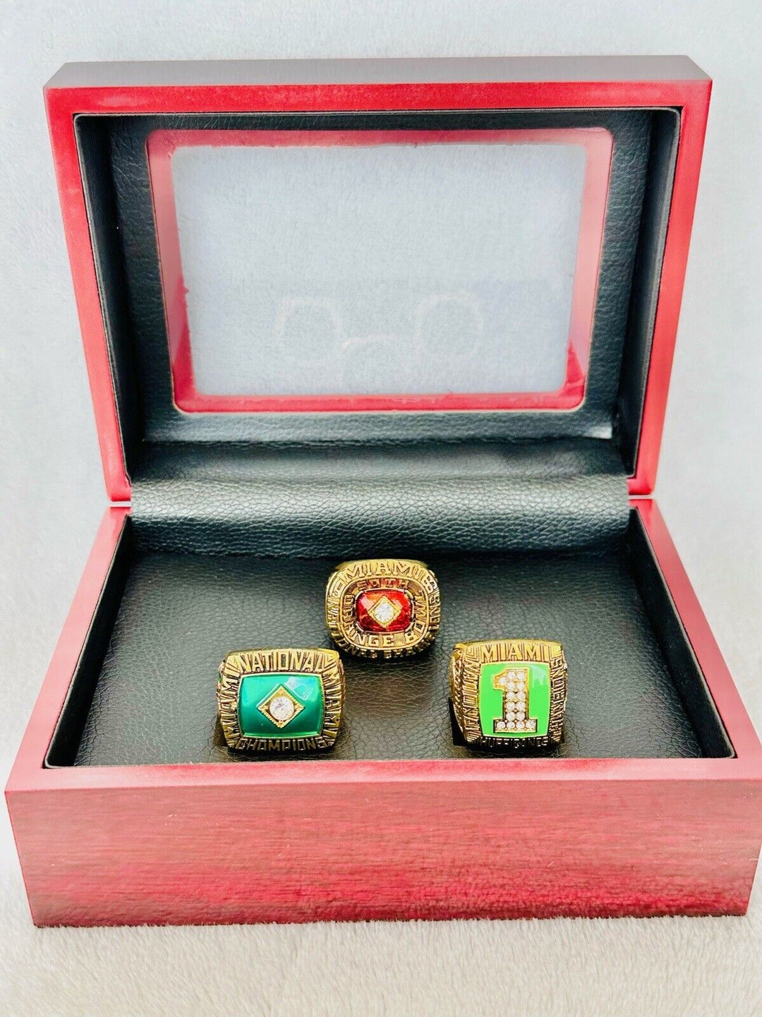 3 PCS Miami Hurricanes NCAA 18k GP Championship Ring W Box, US SHIP 1983/87/89 - EB Sports Champion's Cache