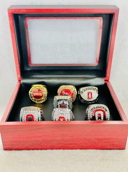 7 PCS Ohio State NCAA Championship Ring Set W Box, US SHIP 1970-2014 - EB Sports Champion's Cache