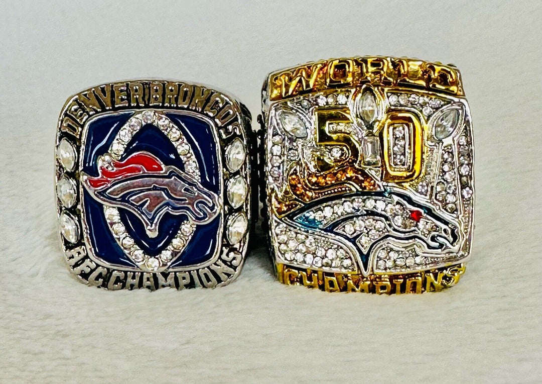 2PCS Denver Broncos Championship Ring Set, US SHIP Peyton Collection - EB Sports Champion's Cache