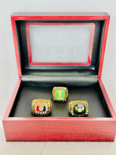 3 PCS Miami Hurricanes NCAA 18k GP Championship Ring W Box, US SHIP 1989/91/01 - EB Sports Champion's Cache