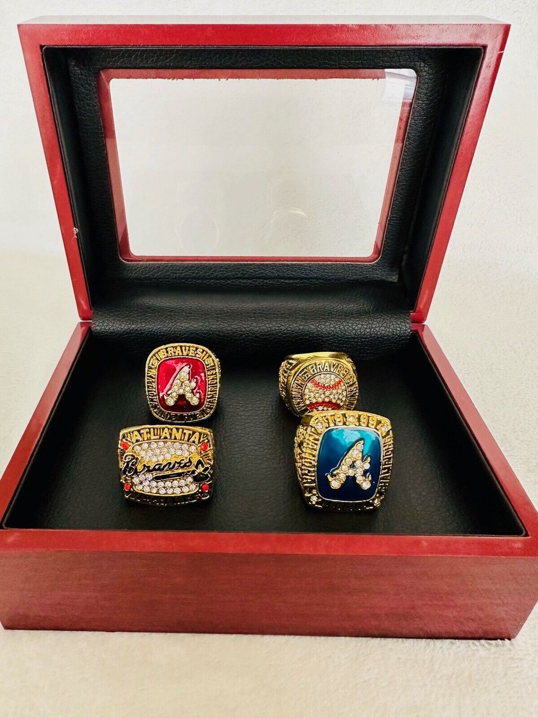 4 PCS Atlanta Braves World Series Champion Ring Set W Box, US SHIP 1991/92/96/99 - EB Sports Champion's Cache