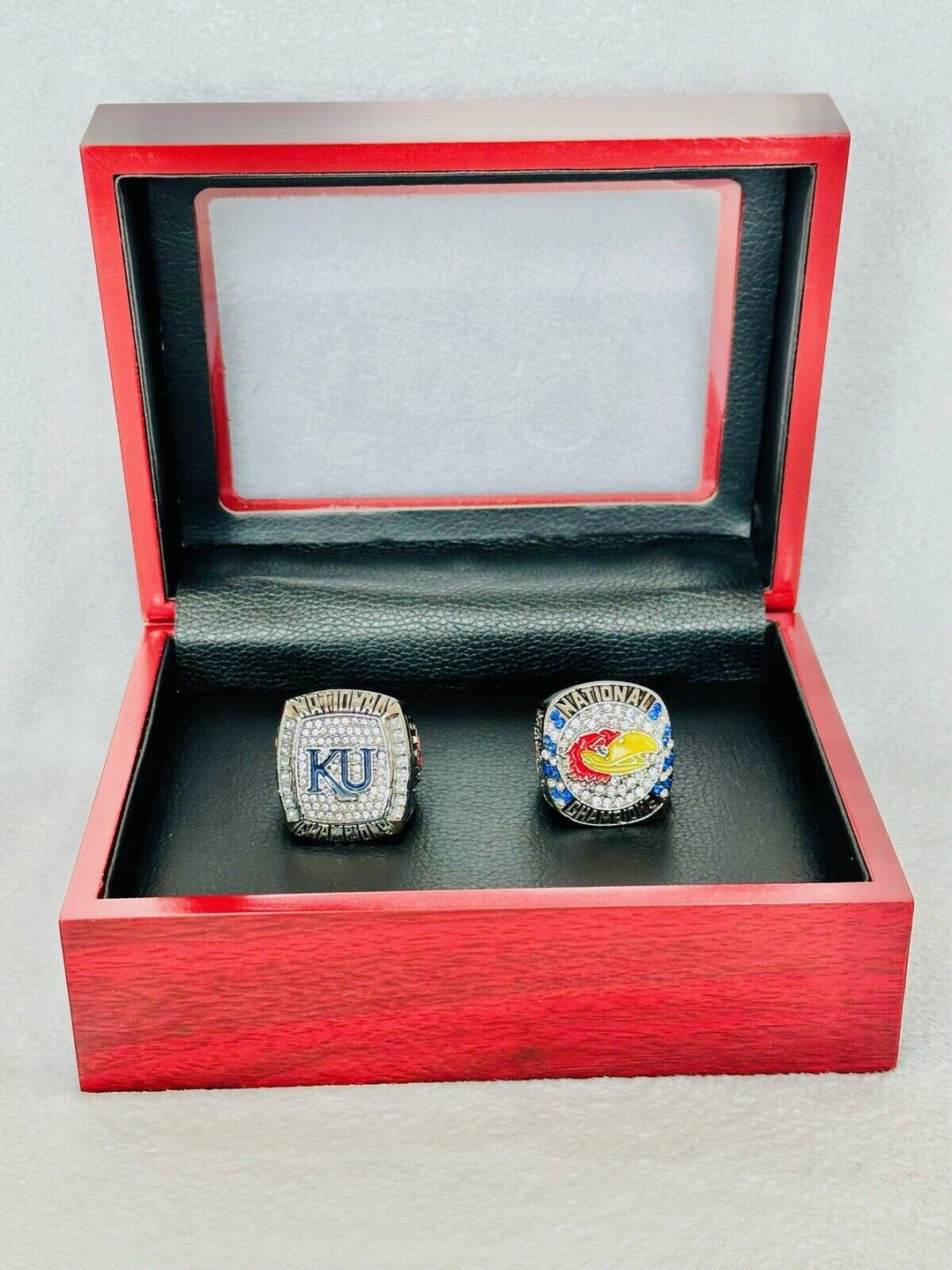 2 PCS Kansas Jayhawks B-ball National Championship Ring W Box, US SHIP 2008/2022 - EB Sports Champion's Cache