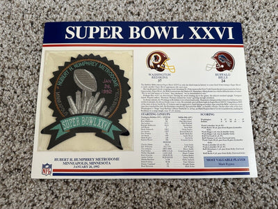 SUPER BOWL 26 Redskins Bills 1992 Willabee Ward OFFICIAL SB XXVI NFL PATCH CARD - EB Sports Champion's Cache