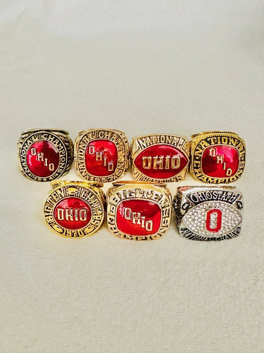 7 PCS Ohio State NCAA Championship Ring Set W Box, US SHIP 1954-2002 - EB Sports Champion's Cache